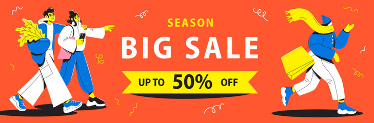 Banner for sale. People rush to shop with bags. The girl runs to the supermarket. Young people with bags