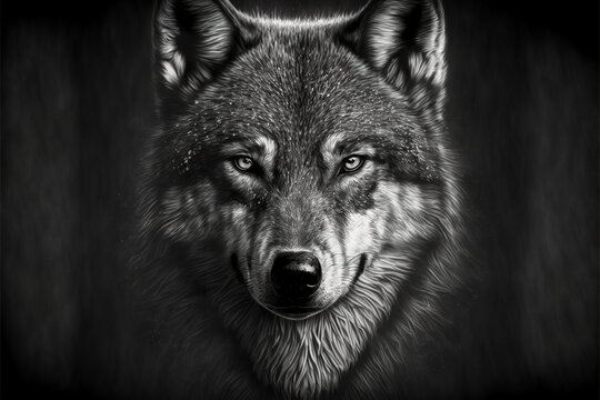 Wolf Face Portrait Artistic Black White Charcoal Sketch Wolf