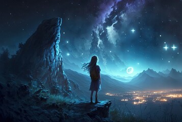 spiritual journey theme illustration of a girl watching faraway to the celestial sky, spectacular nature night sky view. Generative Ai	