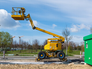 a railway aerial work platform from at the construction site of a tram Light rail track to install the Overhead lines © Jarama