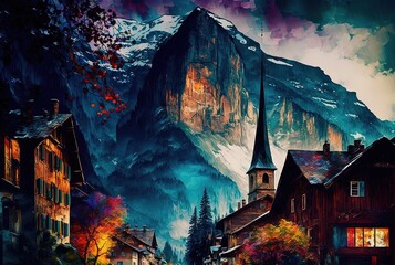 oil painting style illustration of beautiful valley village, inspired from Lauterbrunnen village Switzerland Generative Ai	