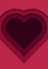 3D gradient background. Red paper cut out heart shape pattern in layers. Color of the year 2023, viva magenta. Design element for card, cover, banner, poster, backdrop, wall. Vector illustration.