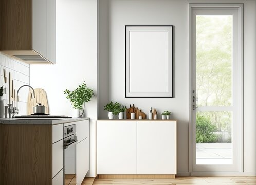 illustration of mock-up wall decor frame, empty frame in kitchen Generative Ai	