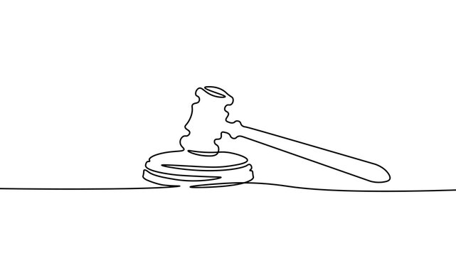 One line continuous judgment lawyer hammer symbol concept. Crime punishment verdict justice system government. Digital mallet legal decision single line sketch drawing vector illustration