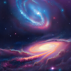 Fantasy space sky with beautiful stars and galaxies, illustration.
