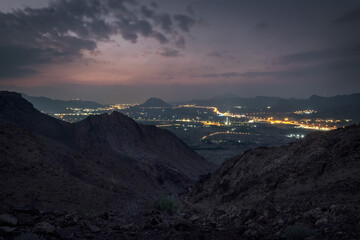 View from the mountains to Hatta town in the night
