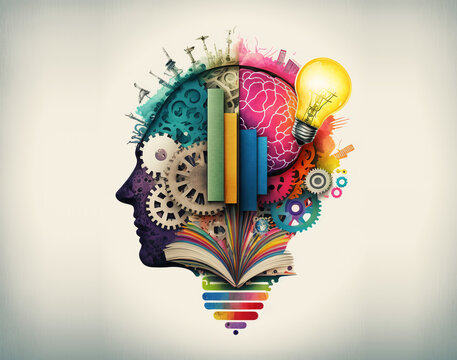Knowledge and ideas in the human head - Illustration, education collage