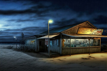 Fototapeta na wymiar A shack restaurant on a beach.