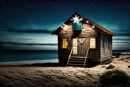 A shack restaurant on a beach.