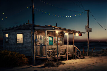 Fototapeta na wymiar A shack restaurant on a beach. 