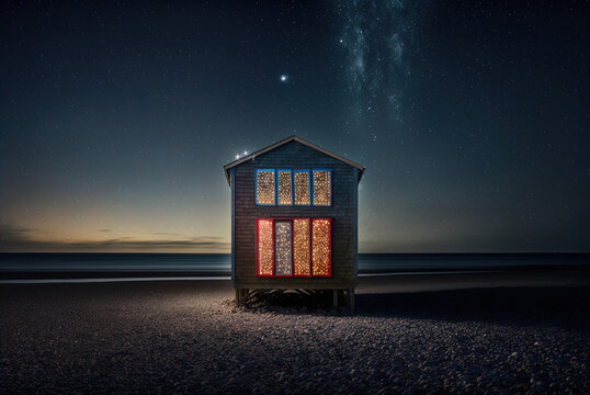 A shack restaurant on a beach. 