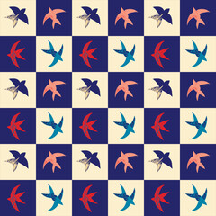 Vector pattern with abstract bright elements, stars and birds in the matisse style