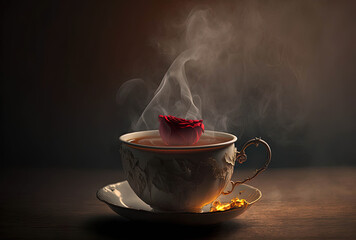 single red rose in a tea cup, with a tea bag shaped like a heart floating in the steaming tea. Generative AI