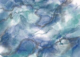 Blue Handmade Marble Texture. Sea Watercolor Flowing. Color Marble. Aqua Color Oil Paint. Turquoise Watercolour Blotch. Abstract Color Paintings. Fluid Effect.