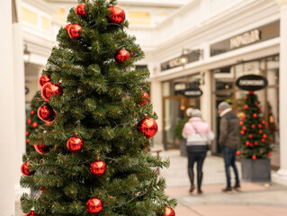 Christmas tree in the mall with red balls