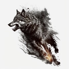 wolf attacking, tattoo, White background