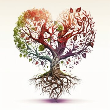 tree of life, roots making red heart shape, celtic style, colourful,white background