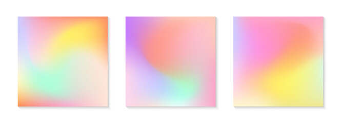 Fototapeta premium Vector set of mesh gradient backgrounds in bright colors.California sunset mood.Abstract fluid illustrations in y2k aesthetic.Modern templates for banners,branding design,social media,covers.
