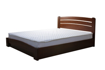 double wooden bed with a mattress on a transparent background, cut out