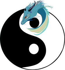 A Yin and Yang Symbol with a dragon head around the black ball