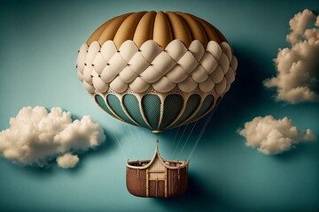 montgolfière stylisée devant un ciel bleu et des nuages, nacelle en osier - illustration ia - obrazy, fototapety, plakaty