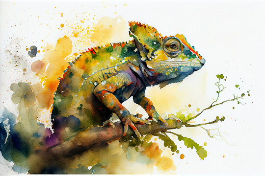 Camelion in Aquarellfarben isoliert auf wei&szlig;en Hintergrund. Generative Ai