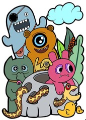 Hand-drawn illustrations, monsters doodle, Hand Drawn cartoon monster illustration,Cartoon crowd doodle hand-drawn Doodle style.