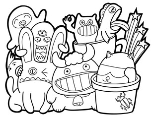 Hand-drawn illustrations, monsters doodle, Hand Drawn cartoon monster illustration,Cartoon crowd doodle hand-drawn Doodle style.black and white stripes coloring  book.