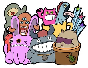 Hand-drawn illustrations, monsters doodle, Hand Drawn cartoon monster illustration,Cartoon crowd doodle hand-drawn Doodle style.