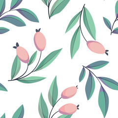 Seamless botanical pattern with berries in delicate watercolor colors. Cute floral print: hand drawn berry twigs, large leaves in an abstract arrangement on a white background. Vector illustration.