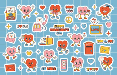 Retro Groovy Valentines day stickers set with slogans about love. Groovy hearts. Trendy 70s cartoon style.