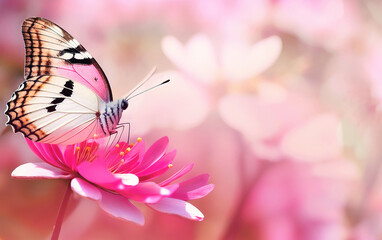 Delicately pink romantic natural floral background with a white butterfly on flower in soft daylight with beautiful bokeh and pastel colors, close-up macro.