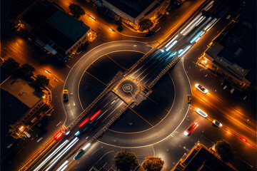 Top view of the intersection of city streets at night, the bright lights of the city at night, a major road junction, the highway with cars. generative AI