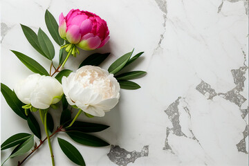 Flowers peonies and roses delicate flowers with green leaves on the background of a marble stone, the concept of greetings for Women's Day, Valentine's Day, February 14, the mockup. generative AI