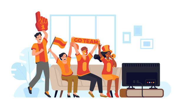 Fans watching match on TV on couch. People sitting together on sofa in front of television screen. Cheerful friends supporting football team. Sport championship broadcast. Vector concept