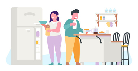 Fat man and woman eating near refrigerator. Hungry people. Unhealthy nutrition habits. Persons overeating. Kitchen interior. Couple holding meal products. Dinner cooking. Vector concept