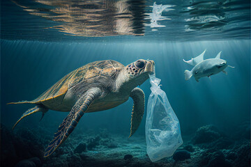 Large sea turtle swimming in the sea stuck in a plastic bag of garbage, underwater world, the concept of the problem of garbage and waste disposal in the world, eco crisis, extinction. generative AI