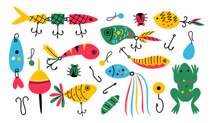 Fishing baits. Differents colorful tackle and accessories with hooks and floats. Imitation of insects and fish. Rod spinner. Angling bobber with tail. Vector garish plastic lures set