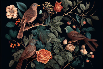 Textile pattern pattern of birds on branches flowers and plants in floral and animalistic style on black background, space for text, bright colors. generative AI
