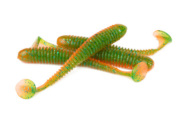 Fishing lure silicone twister isolated on white background.