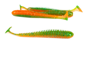 Fishing lure silicone twister isolated on white background.