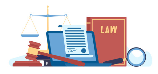Legal advice and lawyers services. Professional attorney. Notary support. Judge decision. Scales and gavel. Magnifying glass. Business contract. Laptop and law book. Vector concept
