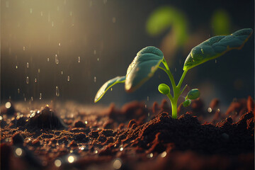 Fresh young sprouts grow out of the ground in sunset light with raindrops, the concept of growing eco plants for food. generative AI - obrazy, fototapety, plakaty