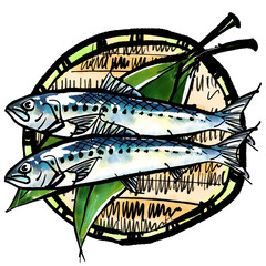 ざるに盛った「真鰯（マイワシ）」の手書きイラスト（筆書き墨絵風）