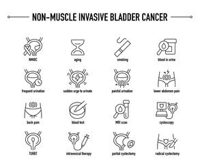 Non-muscle Invasive Bladder Cancer symptoms, diagnostic and treatment vector icon set. Line editable medical icons.	