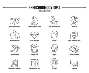 Pheochromocytoma symptoms, diagnostic and treatment vector icon set. Line editable medical icons.  © missbobbit