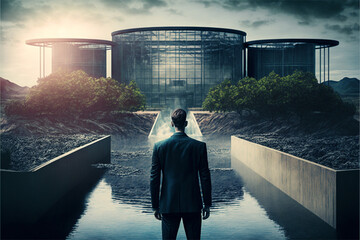 A businessman standing in front of a water treatment facility, emphasizing a company's commitment to protecting natural resources and preserving the environment
