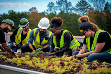 A diverse group of employees working on a green roof, symbolizing a company's investment in green infrastructure and environmental stewardship