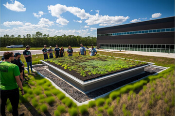 Fototapeta A diverse group of employees working on a green roof, symbolizing a company's investment in green infrastructure and environmental stewardship obraz