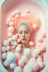 Fototapeta premium Pastel pink, bright colors creative portrait of a woman in a white love, costume made of thick clouds and hearts. Illustration. Generative AI.